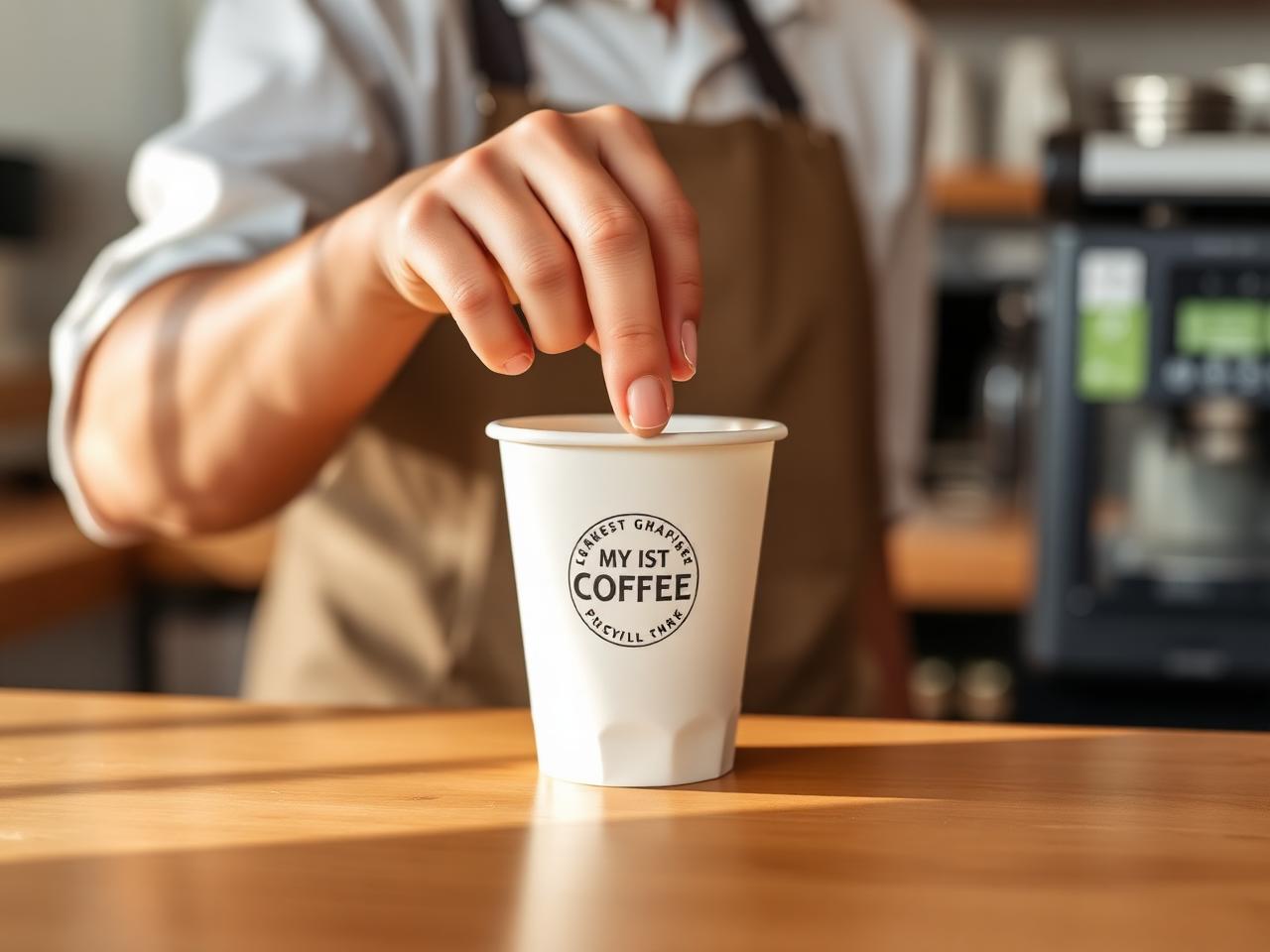 Barista placing a custom branded cup on a wooden counter